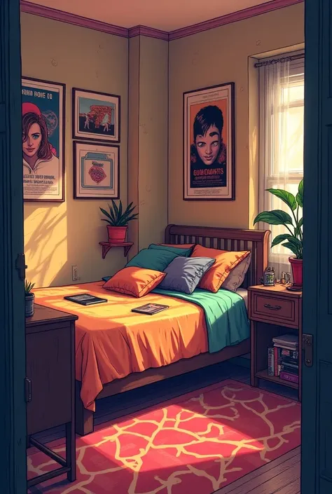 2D Lo-fi cartoon illustration of a cozy bedroom of teenager, 80s, synthwave, retro wave, in an apartment building, with movie posters on the wall, , warm aesthetic, detailed hand drawn illustration, deviant art