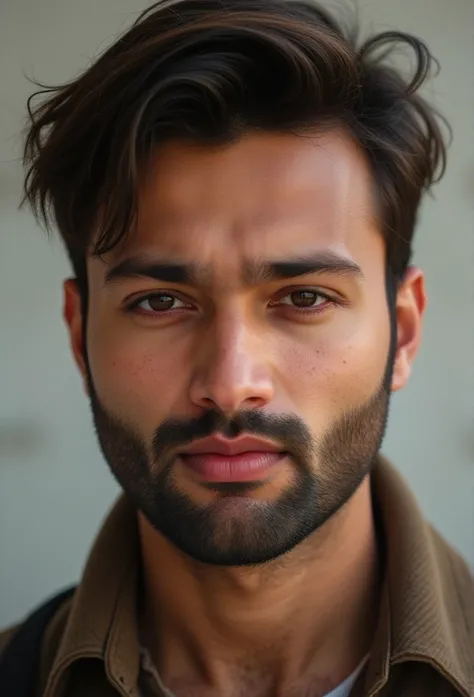 Khabir(a 26 years old man,detailed sharp face, freckels and skin pores are visible,pale skin, has a beard, textured medium brown hair,charming)