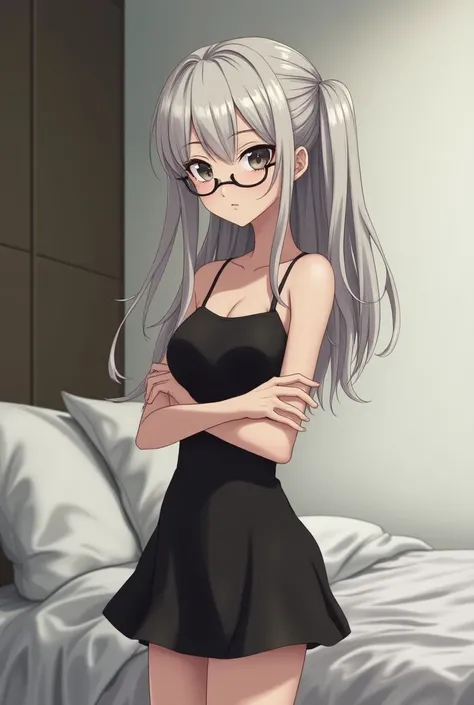 skinny sexy anime girl with very small breasts, long gray hair ,
, with semicircular glasses, she is standing full-length by the bed,she is wearing a black short dress with straps 