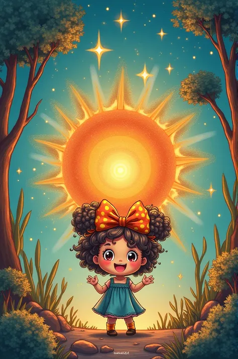 **Prompt:** Create an inspiring image that captures the essence of the phrase "brilliant idea, enlightened mind". The scene should show a person Hand-drawn style：1 Cute ，big eyes，Colorful doodle of fluffy curly hair，Oversized hair bow，coldCute expressions ...