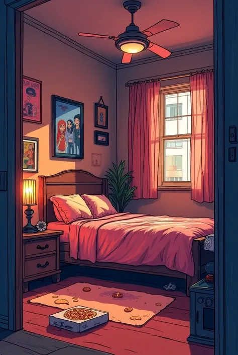 2D Lo-fi cartoon illustration of a cozy bedroom of teenager, 80s, synthwave, retro wave, in an apartment building, with movie posters on the wall, , warm aesthetic, detailed hand drawn illustration, deviant art, night time, pizza box on the floor, slightly...