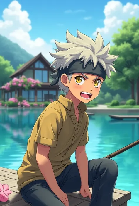 
 Full scene of a stylized anime character ,  probably from a game or manga .

 The character is a young man .  His skin tone is a light bronze color .  He has short hair , spiky, light blond/gray, coberto por uma faixa com um símbolo ninja estilizado em g...