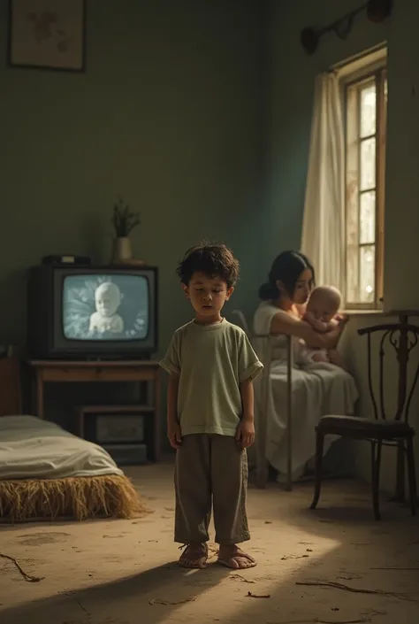 "A  boy,  standing in front of an old room , spacious and slightly cozy ,  with a straw mattress and a thin blanket . In the background,  a small old television shows a blurry image . Next to the ,  a smiling mother embraces it with love and hope . In the ...