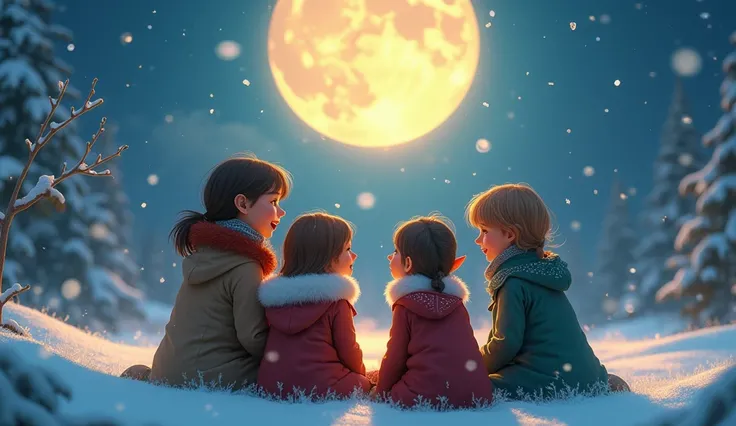 "Snow falls gently as  girls Carla, Valeria, and elves Pipo and Piper sing together, hugged in a circle, under a large, bright moon. On the horizon, Santas sleigh can be seen rapidly approaching. The scene is serene and peaceful, with happiness reflected o...