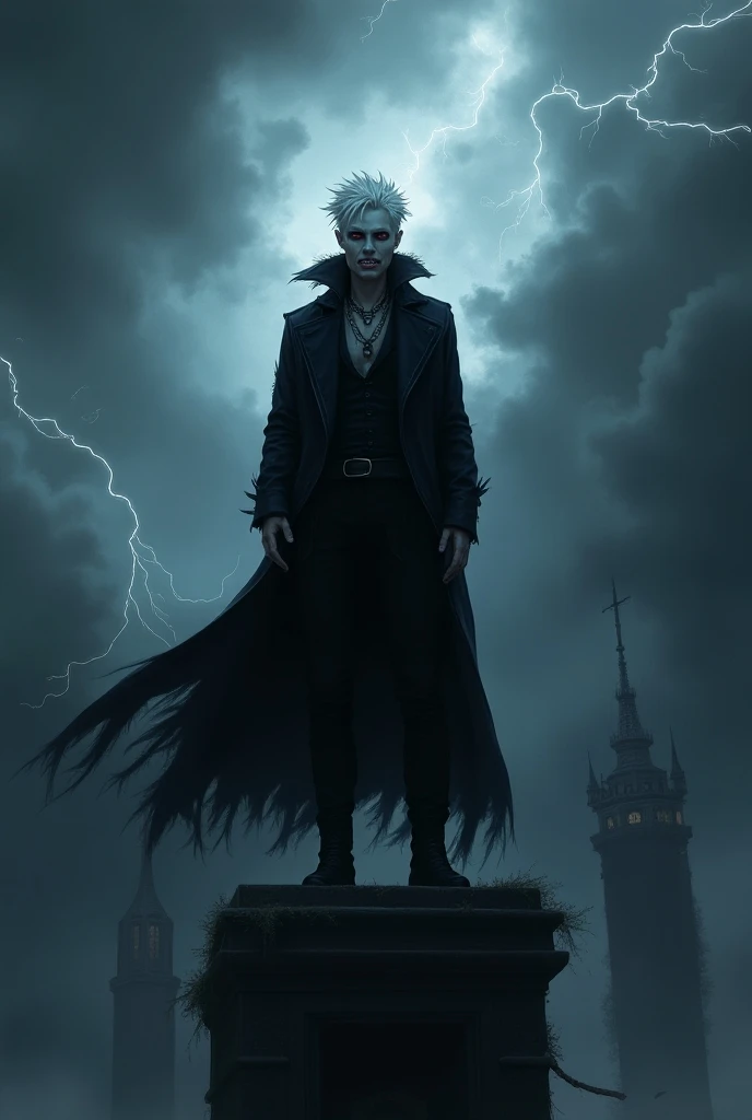 A gothic man with white hair stand in the roof of building with lightning, gothic man, 1boy, white hair, white pale skin, black eyes, red glowing pupils, cloak, gothic attire, black pants, boots, grinning, short hair