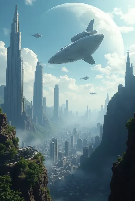 Futuristic Earth, expanding cities and technological advances. in the sky, spaceships are seen, Taking off into the unknown. 