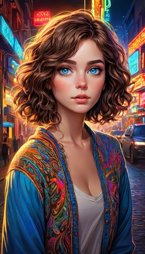 Key art, a beautiful woman with short wavy brown hair and shar blue eye, neon colors, intricately detailed, masterpiece, award winning art, deep serenity is infused throughout the imagery, evocative, expressive, emotive art, 8k, hdr