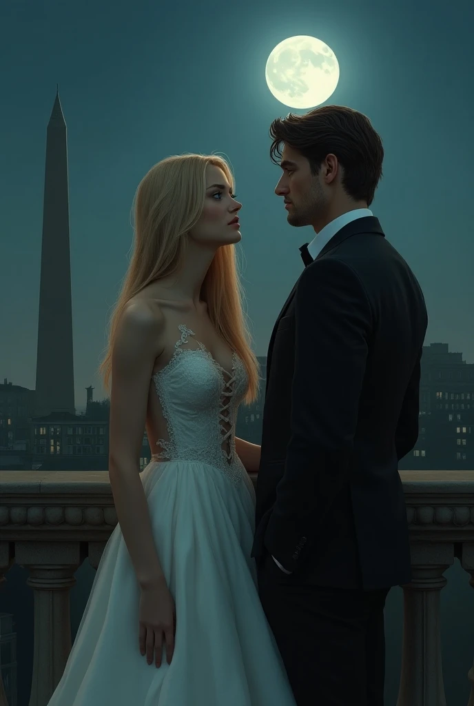 Beautiful realistic girl with long straight blonde hair, blue eyes, a torn wedding dress hugging a tall boy with white skin and very wavy hair dressed in a black suit on a balcony with the moon in the background in view of the Buenos Aires obelisk 