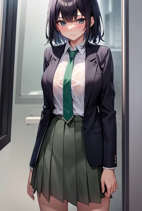 ｛wet blazer and dark green tie｝, transparent , Bondage , cute short haired high school girl wearing wet blazer and dark green tie, skirt hold , see through , ｛｛spread legs｝｝,  plaid pleated skirt ,Panty shot,｛｛｛ big breasts and erect nipples｝｝｝    ,   and ...