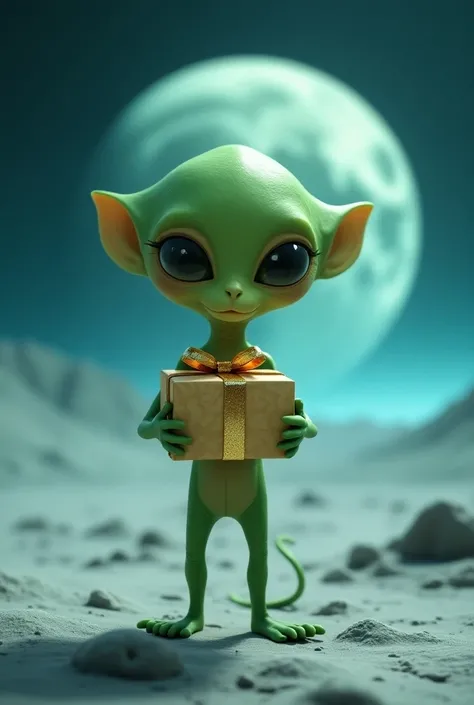 Make a green alien holding a gift box in moon