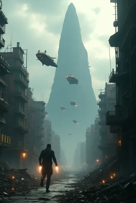  a modern city filled with pirates with a jet pack, all polluted with scrap garbage everywhere ,with futuristic ships  , And cloudy skies  , on the island there is a volcano  ,On an island in the midst of darkness 