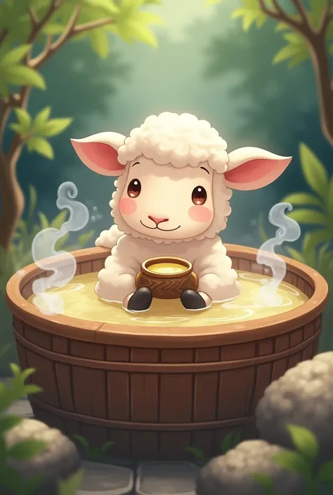 A sheep holding a mead bowl inside an anime-style hot tub