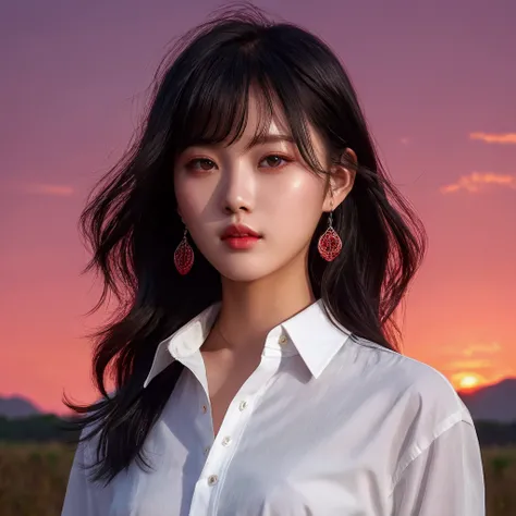 ภาพระยะใกล้ของผู้หญิงBlack hair, Short hairฟู, Short hair,Black hair, Have bangs, Shoulder-length wavy hair , ผมเรียบร้อยHave bangs, Large messy hairstyles,  Wearing white shirt Light glow , หญิงสาว Wearing white shirt Light glow , 32K, In a white shirt dr...