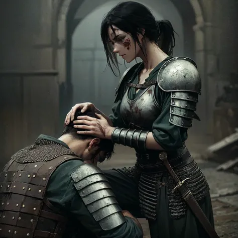 Black-haired woman tied ,  brown eyes,  wearing medieval armor with action chest and green mesh underneath.  embracing a man who is wearing the same armor on his back . the two are wounded in a melancholic setting .ANIME STYLE, Gothic art, side view, sad, 