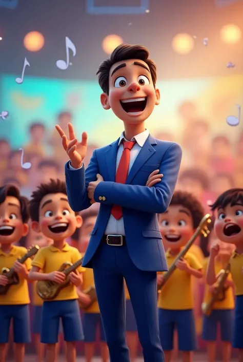  I would like a Pixar-style image of a music teacher behind a music band wearing yellow and blue uniforms with different young performing instruments and that everyone looks very cheerful and the teacher a little loud and with a. Blue suit behind a great b...