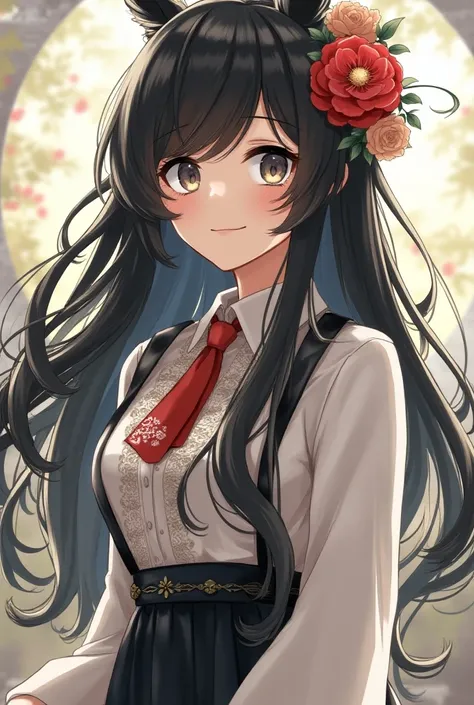 Girl with long black hair, white streaks, with country clothes ,  and with some flowers, Miraculous style 