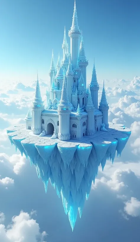  an ice castle floating in the air
A huge ice castle built above the clouds。 iridescent ice crystals, 、A small floating island floating in the air 、, and the blue horizon visible in the distance 、 create an unreal beauty 。