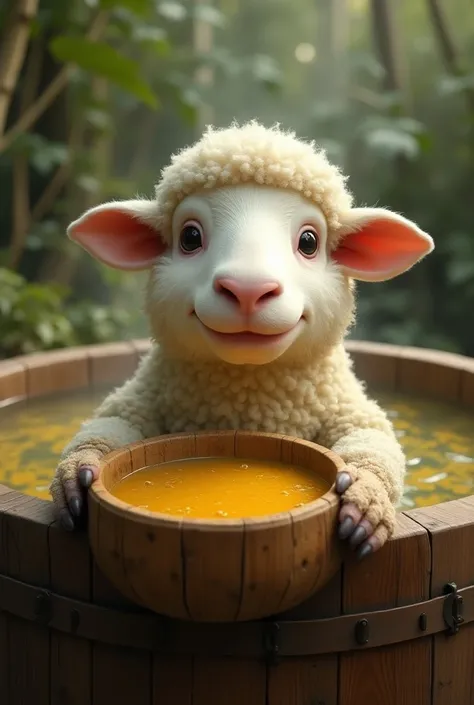 A sheep holding a bowl with mead inside a hot tub