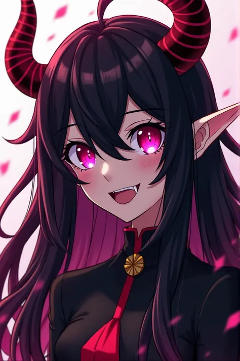  creates a character that looks like the anime MY HERO ACADEMY, who has fangs and pointed ears , Also demon horns like a  (succubus). Long and black hair, pink eyes,  pale skin and who is half human half demon  