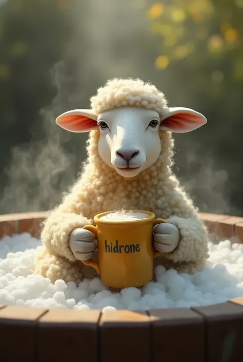 A sheep holding a cup filled with mead inside a hot tub with the text Hidromé as if it were a bottle label