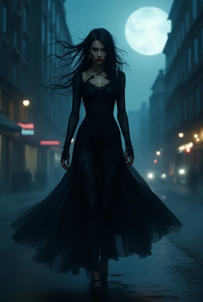 Gothic woman blue eyes bow on her head long hair dress long legs big boobs big under the moon walking around the city in the wind