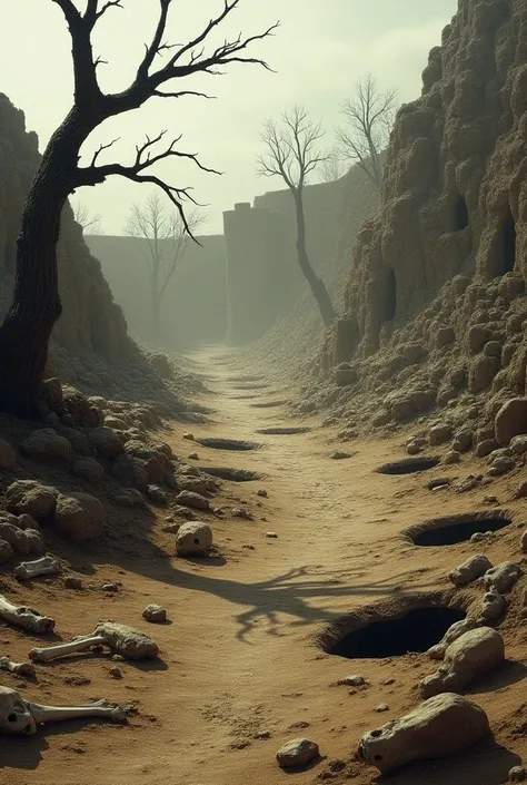  A derseto full of holes ,caves,dry trees ,stone wall ,with bones on the floor  