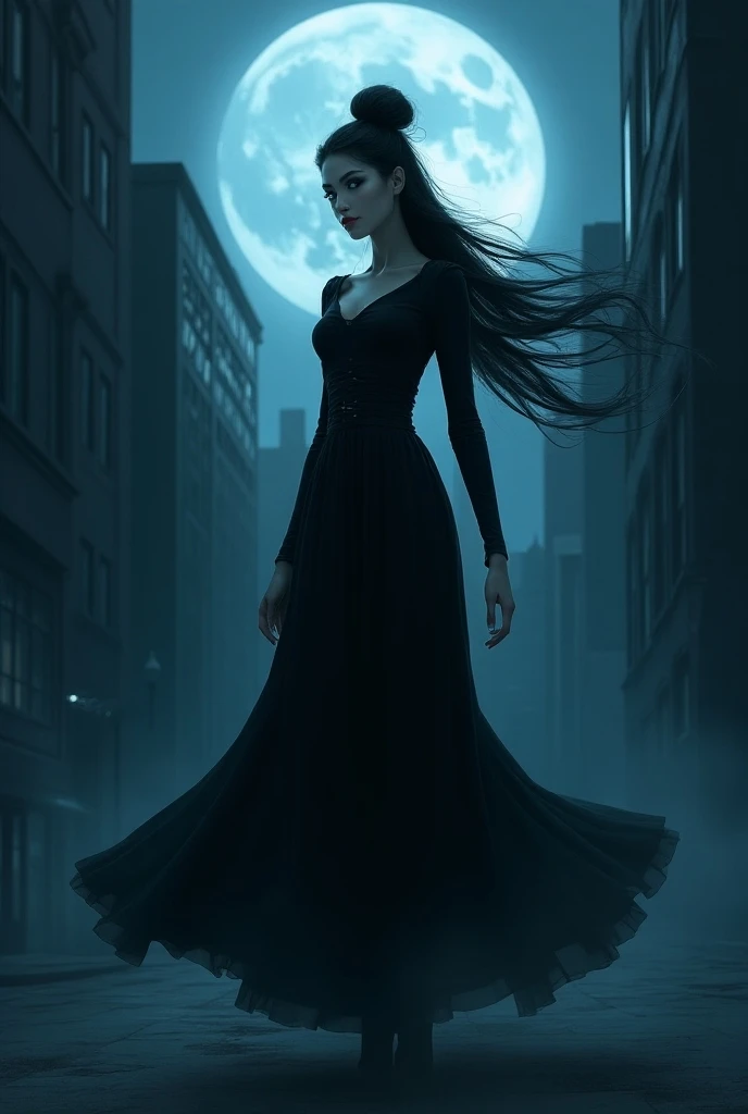 
Gothic woman sky blue eyes ,  forehead high bun on her head long hair dress long legs big boobs big under the moon walking around the city in the wind