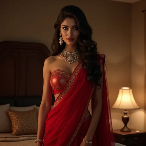 Sexy Indian woman dazzles in a stunning red saree, long hair, cute face, beautiful eyes, expensive jewels, cozy night bedroom, standing, sexy waist, capture to thighs
