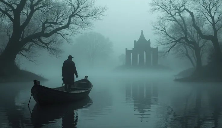 hard fog, dark ambient, gothic elements, boat on the lake
