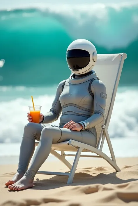 ((masterpiece)) ((photography)) ((Highest quality))  A futuristic beach scene featuring a person wearing a spacesuit and helmet, sitting relaxed on a deck chair facing a massive, shimmering ocean wave. The individual has an orange drink beside them, and th...