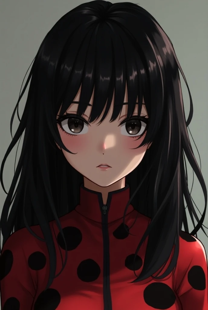 Girl with long black hair,  black eyes , white streaks, Ladybug style 