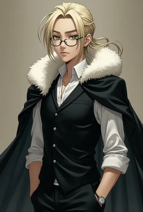 A young boy with long hair in a light blond tone tied behind,  but with some locks escaping the tie ;  greenish eyes , but almost white ; rounded glasses ; strong door;  muscles not very apparent;  thick black cover with white fur around the collar;  black...