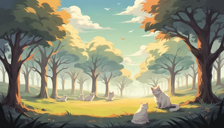 a field , grass trees  , several cats playing ,  white cat watching  ,  all in detail as if it were painting , Soft shine,  sharp detail ,  the best quality and panoramic size  , Long-haired lead cat ,  short-haired blond cat  ,  tricolor cats , Careys ,  ...