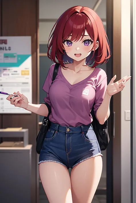 A student with red hair and purple eyes wearing short clothes reveals her crotch a bit, looking with a cheerful look.