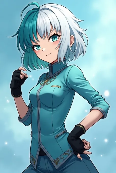  Girl in demon Slayer with half white half turquoise hair,Aori light blue with black gloves , with one blind eye and the other turquoise ,short hair,18 years old,demon hunter costume for boy and without breasts 