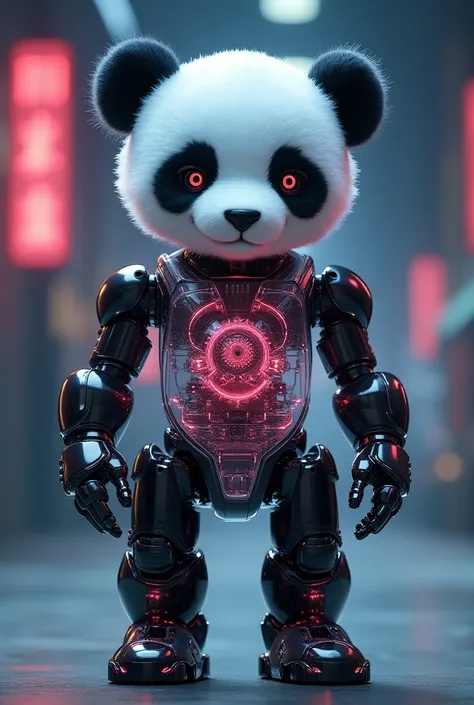 "Create an image of a futuristic robot panda with a transparent body, allowing a clear view of her intricate mechanical and cybernetic components. The pandas exterior is a blend of sleek metal and soft, plush-like textures, but her internal structure is a ...