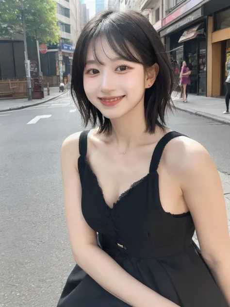 (Best quality, masterpiece, ultra high res, photorealistic,realistic), raw photo,1girl, skinny, upper body,solo, realistic:1, looking at viewer:1, (deep black color short hair), broke background, city streets, bohemian dress,smile,add_detail:1.5, nose,lips