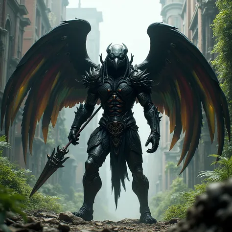 Muscular cybernetic Yautja donned in Crow shaped predator helmet, black skin, huge chromatic feathered crow wings, carrying predator spear, cityscape over run with jungle vegetation vines draping over the buildings in the background, dark, nightmare, wallp...