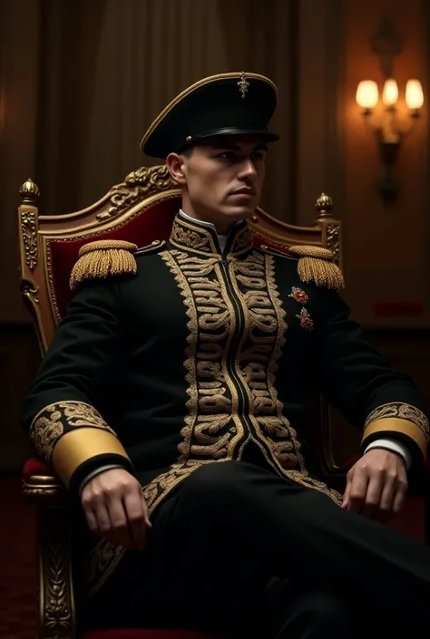 A sophisticated French officer sitting in a chair, wearing a black and gold uniform, a black bicorne hat, holding a sabre, detailed facial features, intricate uniform textures, dramatic lighting, ornate chair, opulent setting, photorealistic, cinematic com...