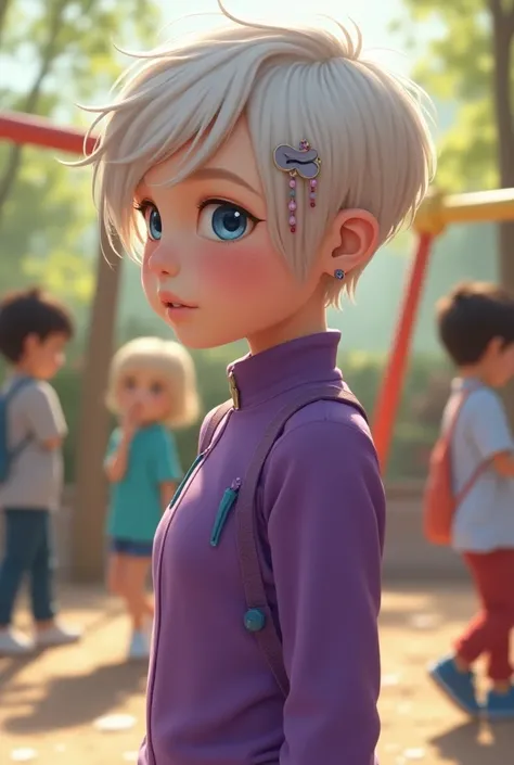 White girl , 10y, 2:3, standing, side view, tight violet jumpsuit, short pixie hair, small earrings, hair pin, blue eyes, shy, playground, girls in background