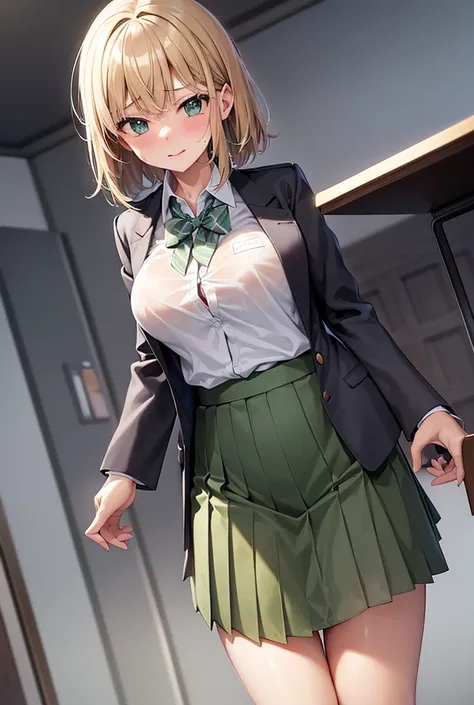 ｛wet blazer and dark green tie｝, transparent , Bondage , cute short haired high school girl wearing wet blazer and dark green tie, ｛｛｛all fours｝｝｝ , see through , ｛｛spread legs｝｝,  plaid pleated skirt ,Panty shot,｛｛｛ big breasts and erect nipples｝｝｝    ,  ...