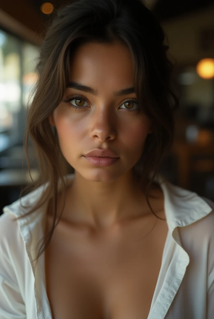  Ultra-realistic photo of a girl , linda, latina, light eyes, 18 years old, white transparent blouse,  without bra , Chest beak slightly shows ,  blurry restaurant background 