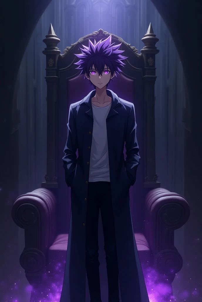 Very tall height teenager male boy, with a thin body. He has violet hair with pointed curls that are raised upwards.. He also has a sharp chin. His eyes are bright purple and incredibly beautiful. He is dressed only in a violet hoodie. He stands in a calm ...