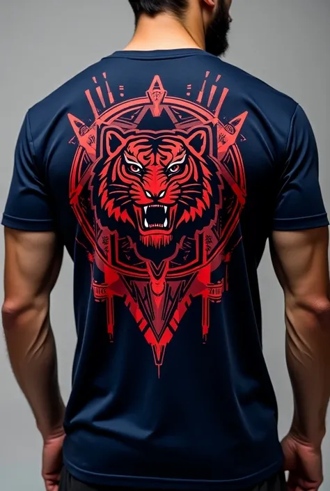 Design me a sports t-shirt with the Shotokan tiger logo in navy blue and red on the back with a tribalero style