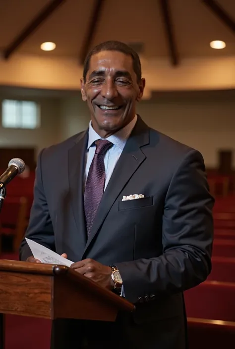 1blackman. an evangelical pastor preaching in church and smiling. suit and tie. No Cruzes 