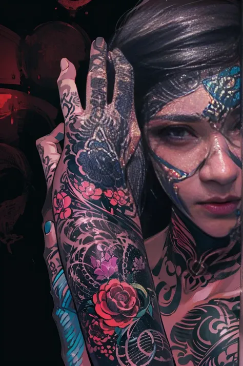 tmasterpiece，HighestQuali，A high resolution，1girl，Alafeld woman tattoos on her arm with a tattoo machine， tattoo artist， ink on skin， Tattoo ink， Award-winning tattoos， Surreal and complex， Body modification， Luminescent tattoo， Surreal tattoos， Highly rea...