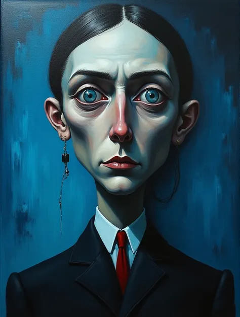 A reinterpretation of Edvard Munchs self-portrait in a surrealist style,  oil on canvas, inspired by Salvador Dalí, deviated art, Highly detailed, dystopian, bluish,  cinematic lighting 