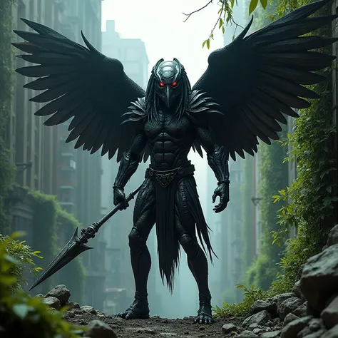 Muscular cybernetic Yautja donned in Crow shaped predator helmet, black skin, huge chromatic feathered crow wings, carrying predator spear, cityscape over run with jungle vegetation vines draping over the buildings in the background, surrealism, dark