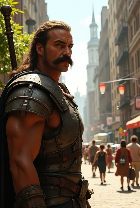 Generate a realistic image of a summer day in the city! Wason, with his trademark mustache and armor, stands at the edge of the scene, looking up with a serious and determined expression. Your skin has a healthy tone and a natural texture, with some imperf...