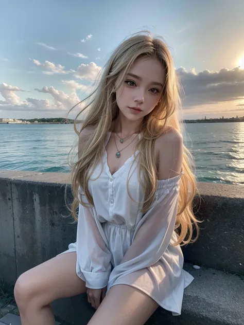 a woman 30 y.o sitting on a wall next to the water, long hair, blonde hair, outdoors, sky, cloud, necklace, ocean, sunset, watch, wristwatchСмотрит на зрителя, Улыбаться, Челка, 